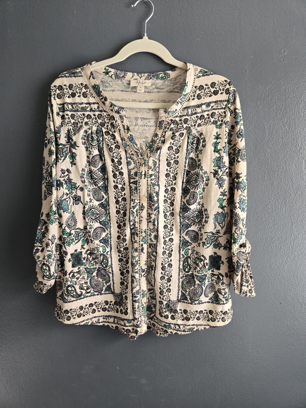 Style & Co. Floral Paisley 3/4 Sleeve Boho Blouse Medium